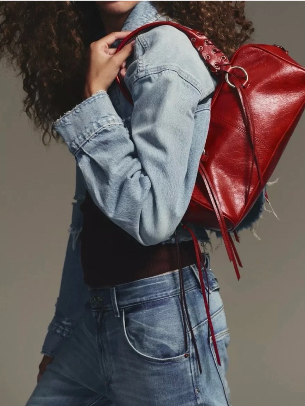 Zara Red Leather Backpack with Eyelet Strap Detail